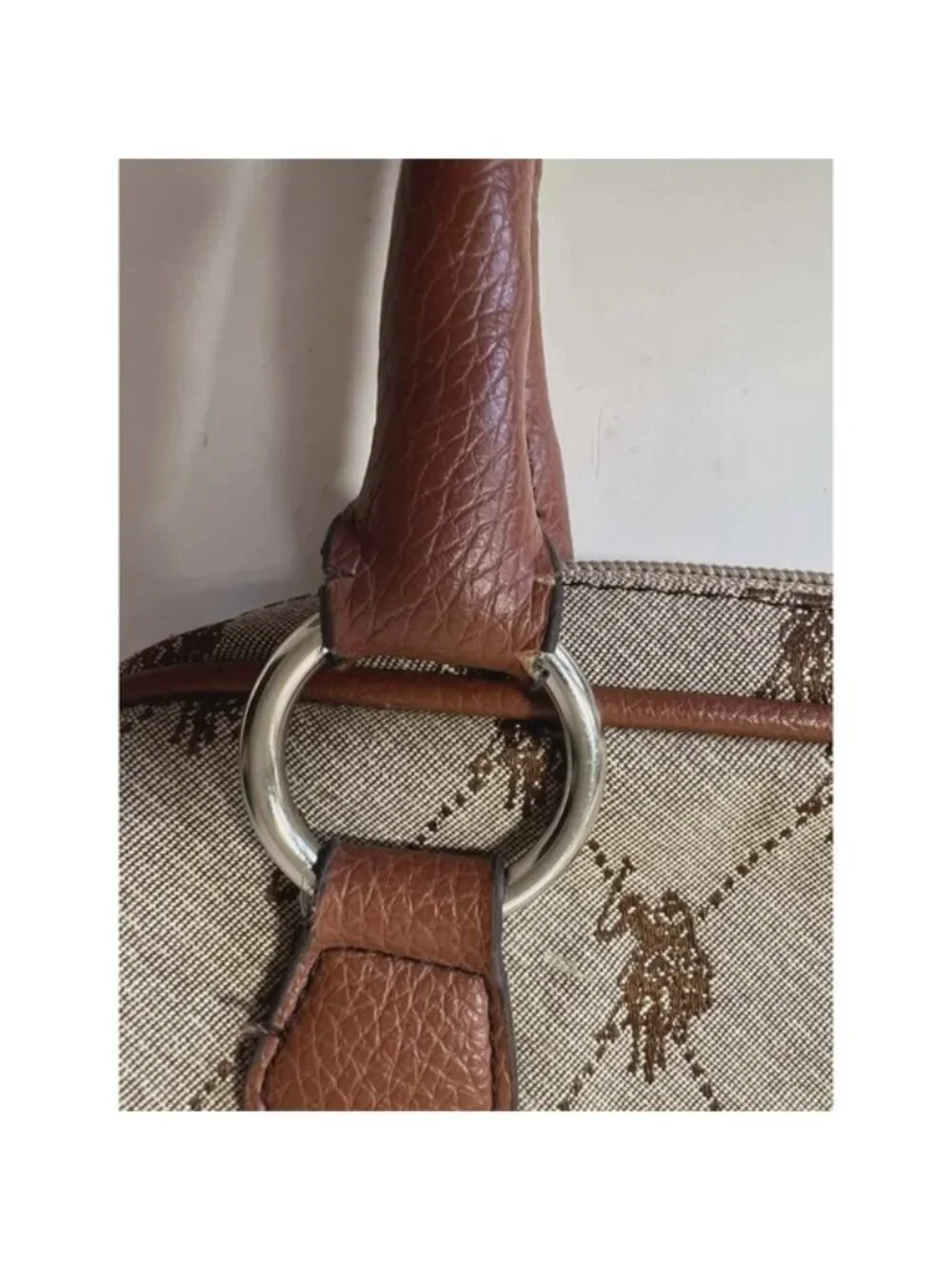 US Polo Assn Monogram Satchel Handbag Brown Canvas Faux Leather Horse Print Logo